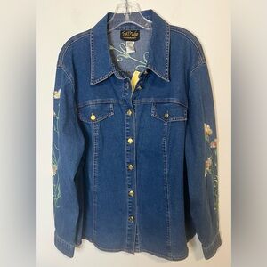 NWT Bob Mackie Wearable Art Cotton Denim Shirt with Floral Embroidery. Size 1X